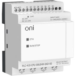 Модуль ЦПУ ПЛК 410 4 DI 4 UI (0-10 В/DI) 4 RO 12В-24В DC или 24В AC с Ethernet портом без экрана ONI PLC-410-CPU-08U04R-0AD-00