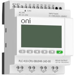 Модуль ЦПУ ПЛК 410 4 DI 4 UI (0-10 В/DI) 4 RO 12В-24В DC или 24В AC с Ethernet портом с экраном ONI PLC-410-CPU-08U04R-1AD-00